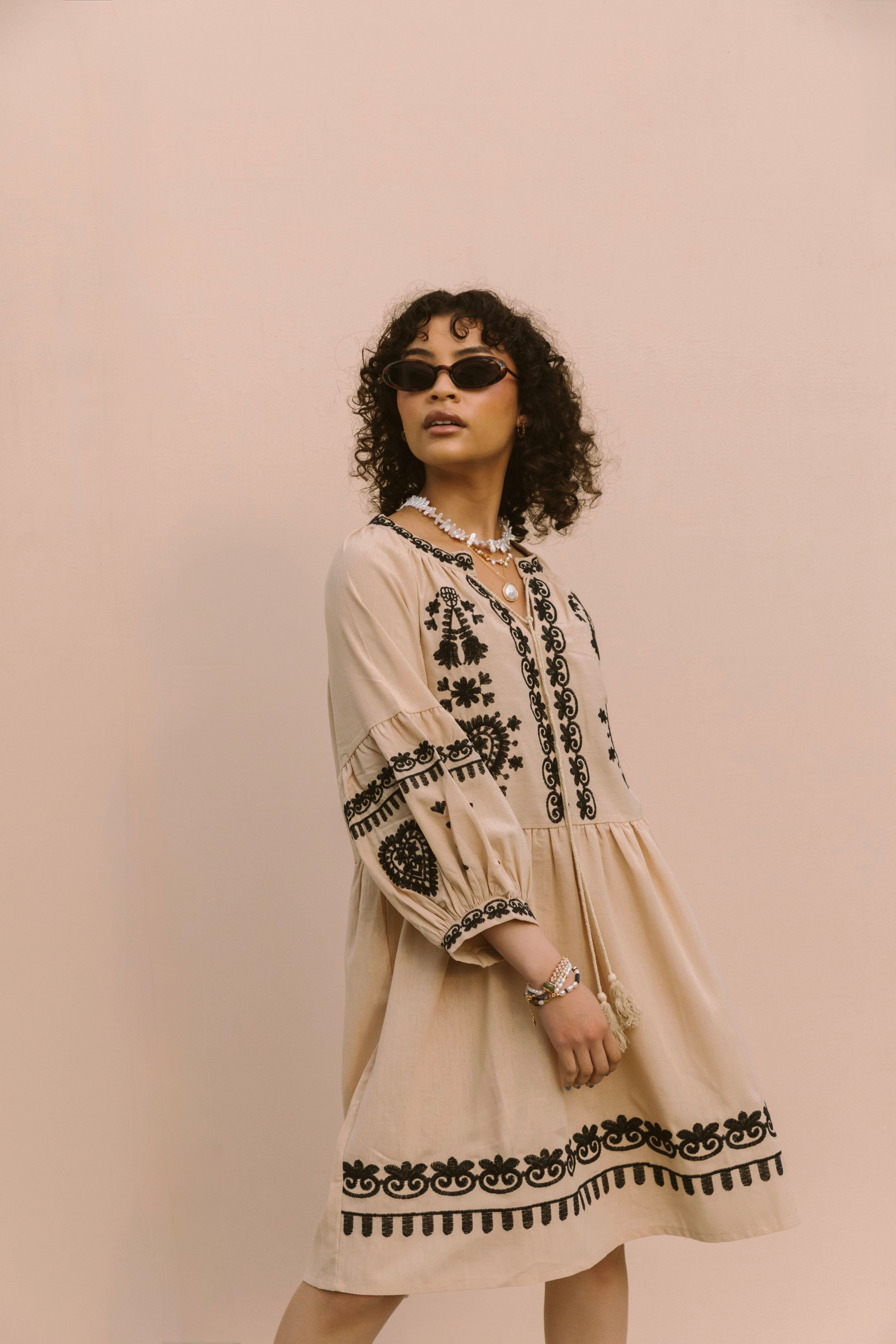 EMBROIDERED MINI DRESS - MUSHROOM