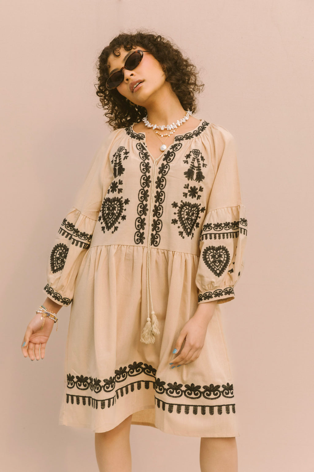 EMBROIDERED MINI DRESS - MUSHROOM