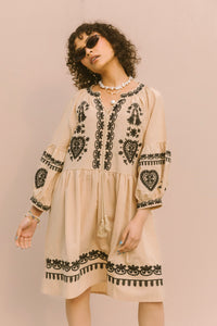 EMBROIDERED MINI DRESS - MUSHROOM