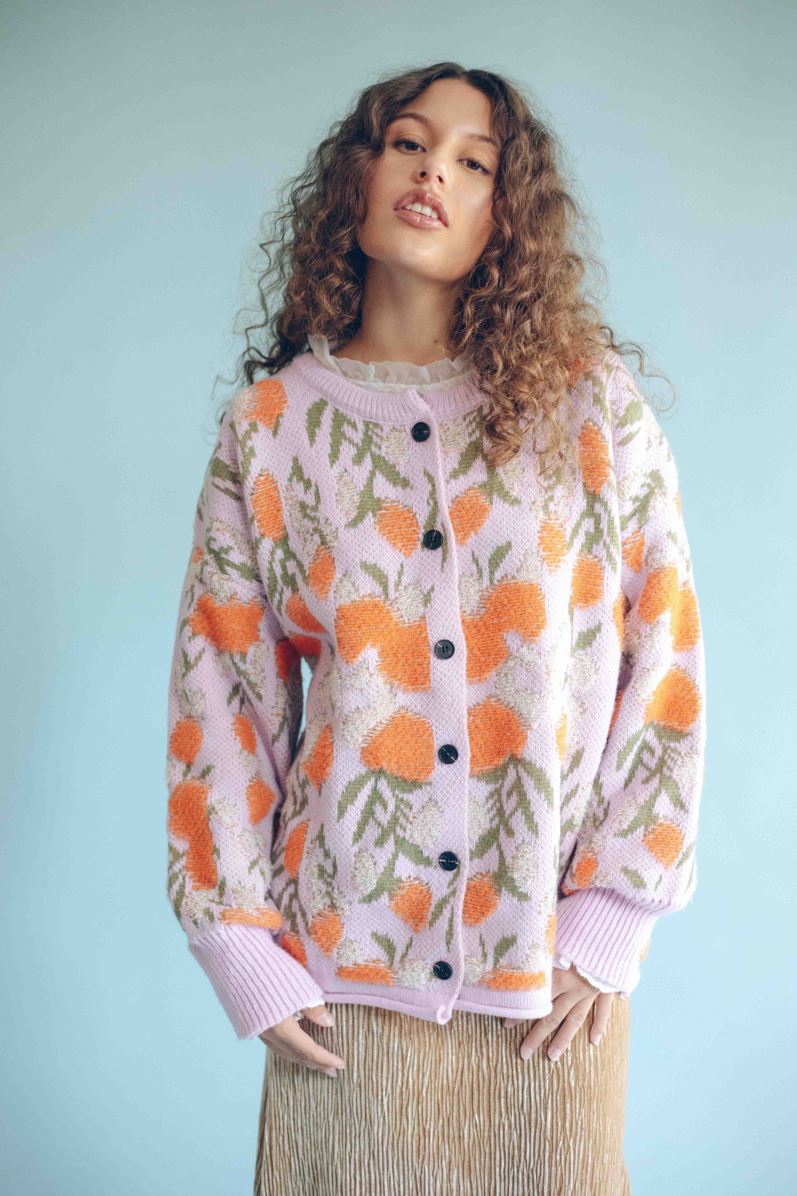 JACQUARD FLORAL CARDIGAN - LILAC