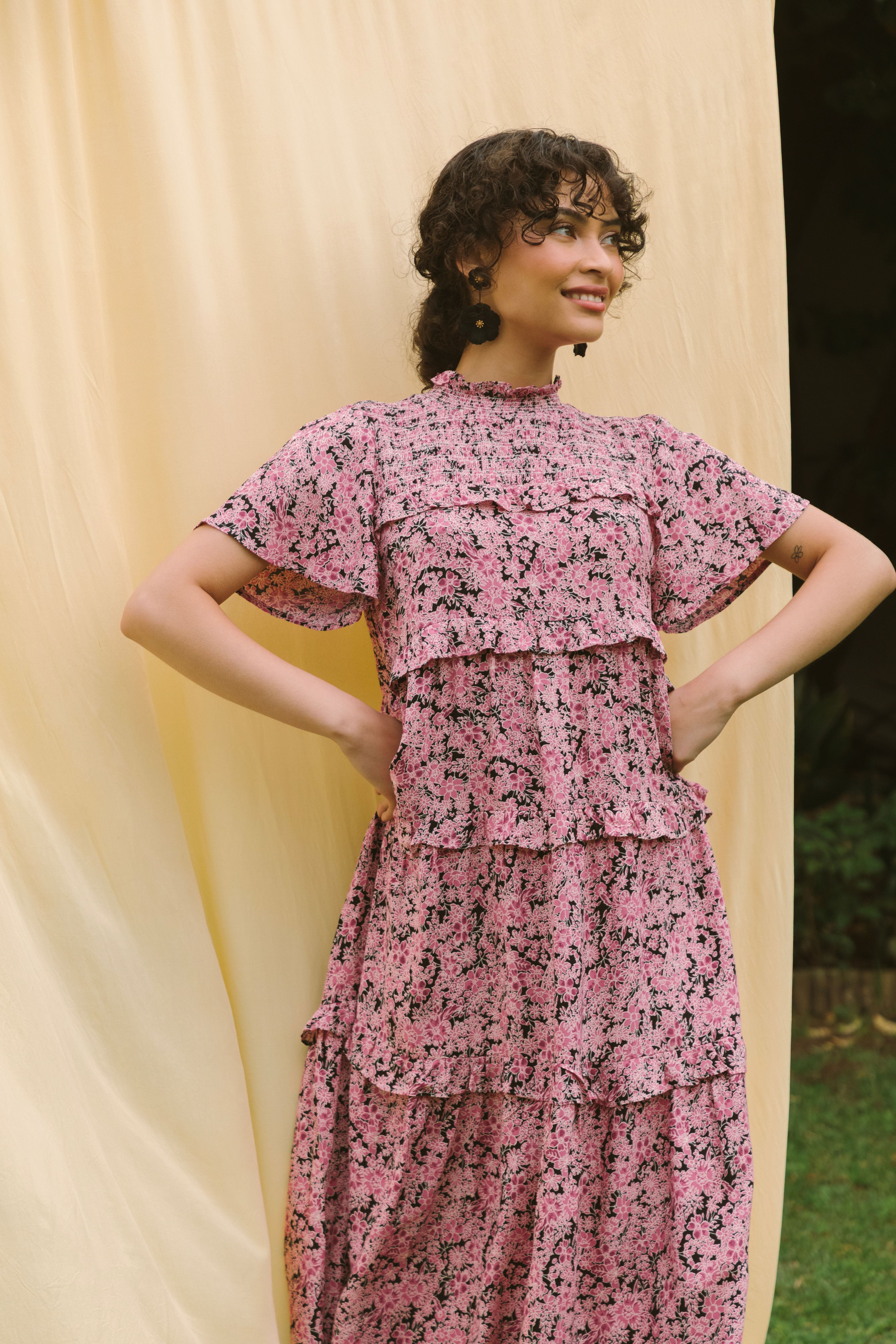 SMOCKED MIDI DRESS - DARK FLORAL