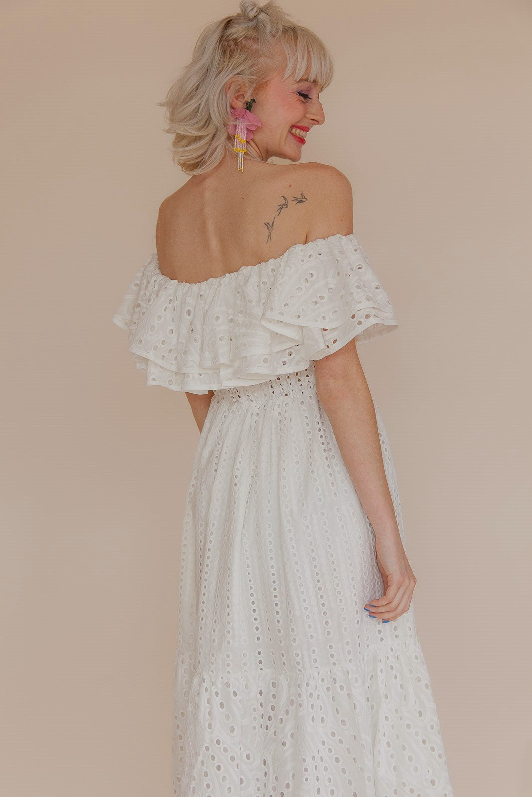 off shoulder broderie dress Off the Shoulder Printed Broderie Anglaise Maxi Dress L