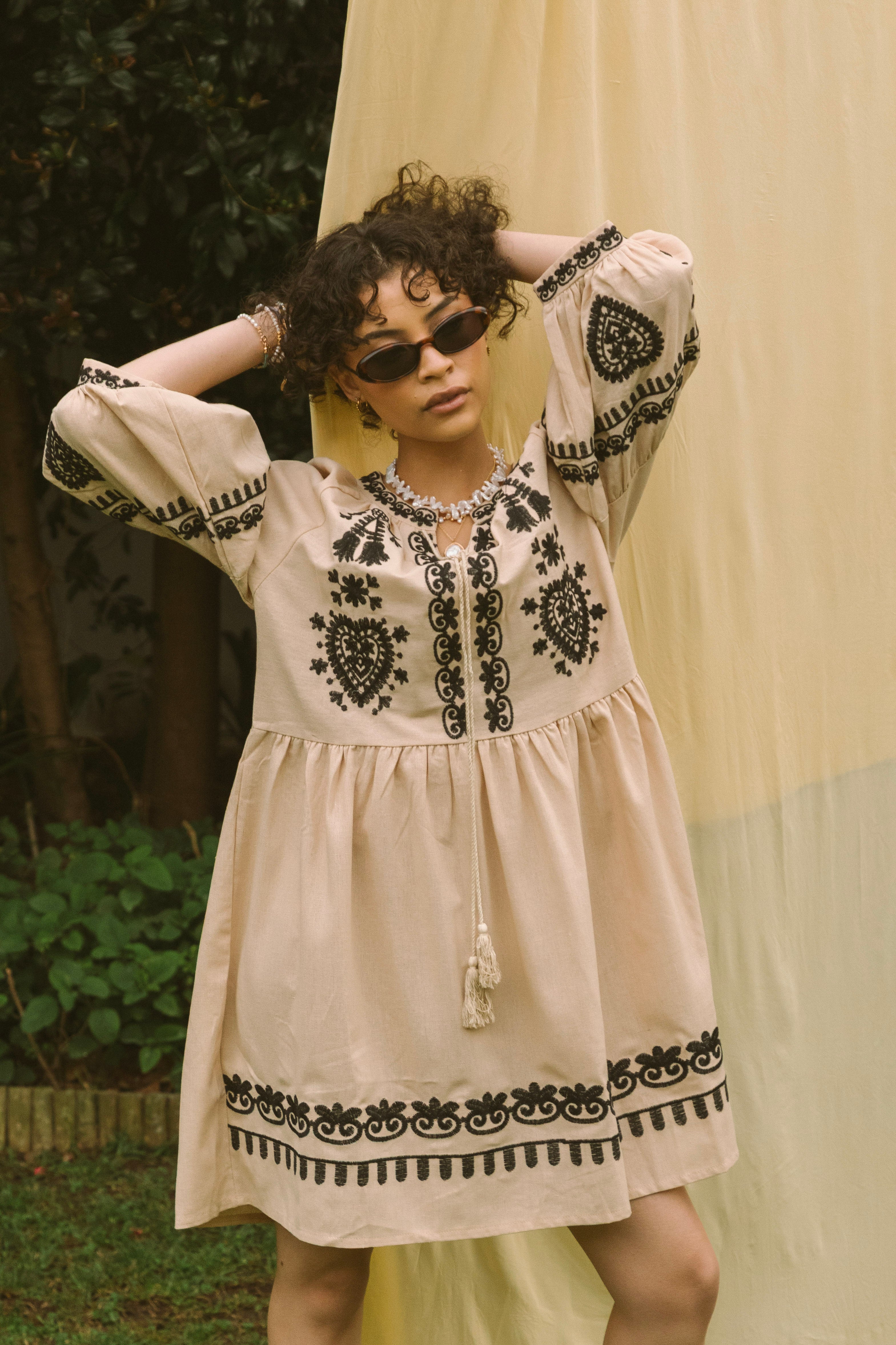 EMBROIDERED MINI DRESS - MUSHROOM