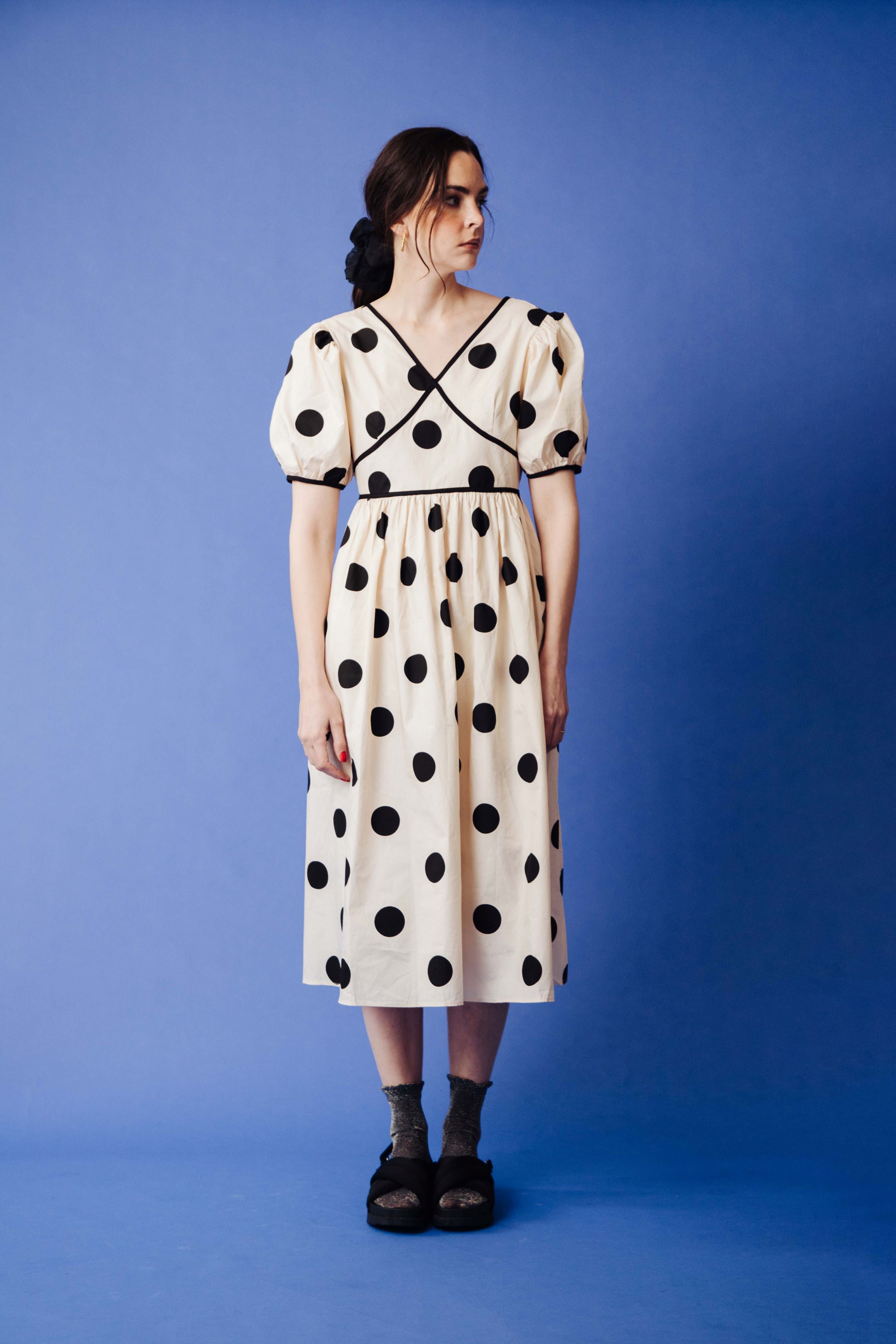 POPLIN POLKA DOT MIDI DRESS - CREAM