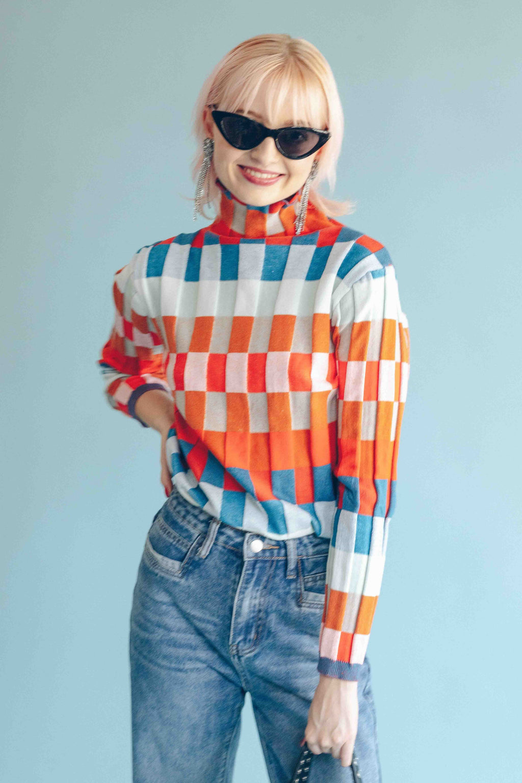 CHECKERBOARD TURTLENECK PULLOVER