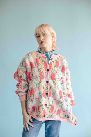 JACQUARD FLORAL CARDIGAN - PINK