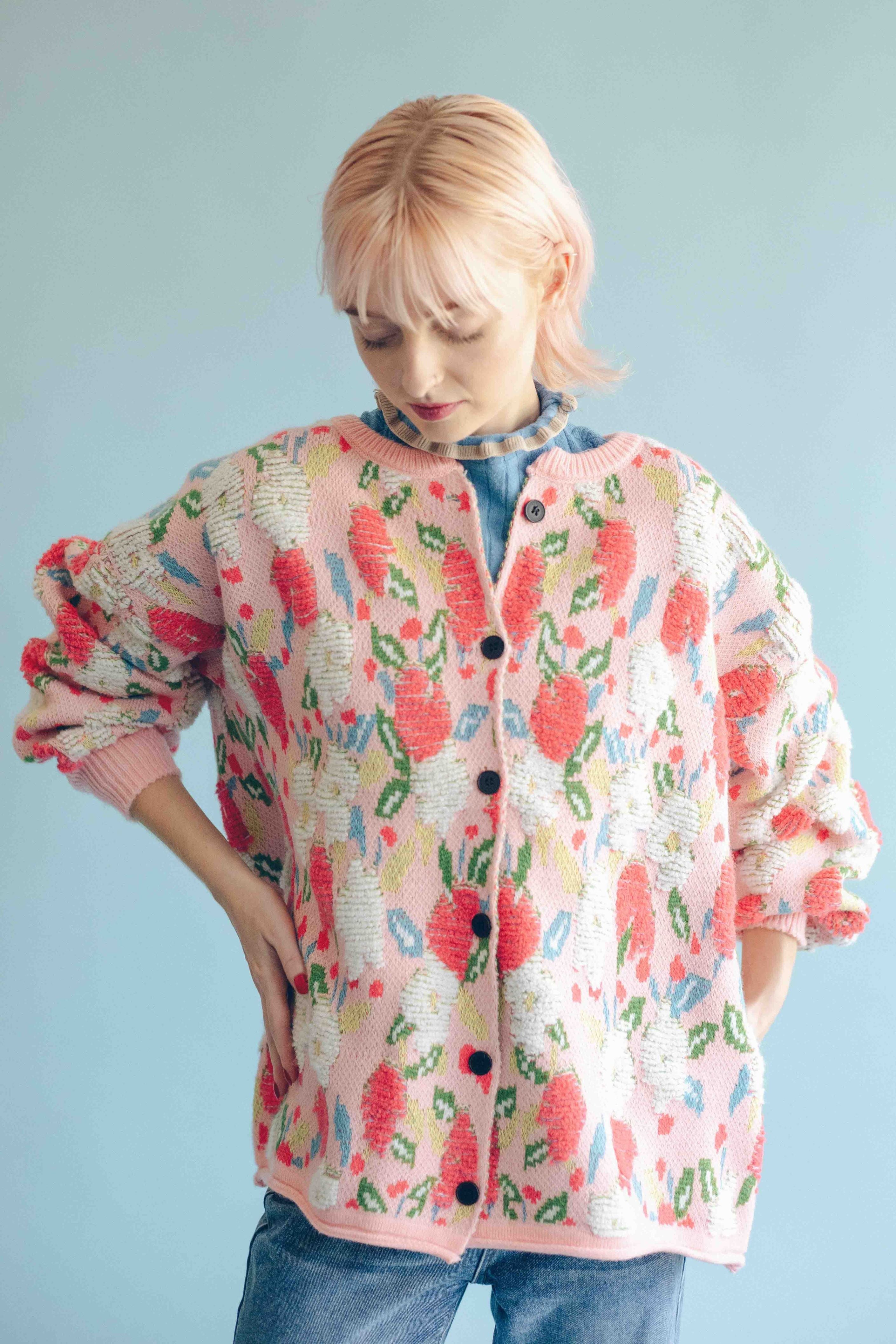 JACQUARD FLORAL CARDIGAN - PINK