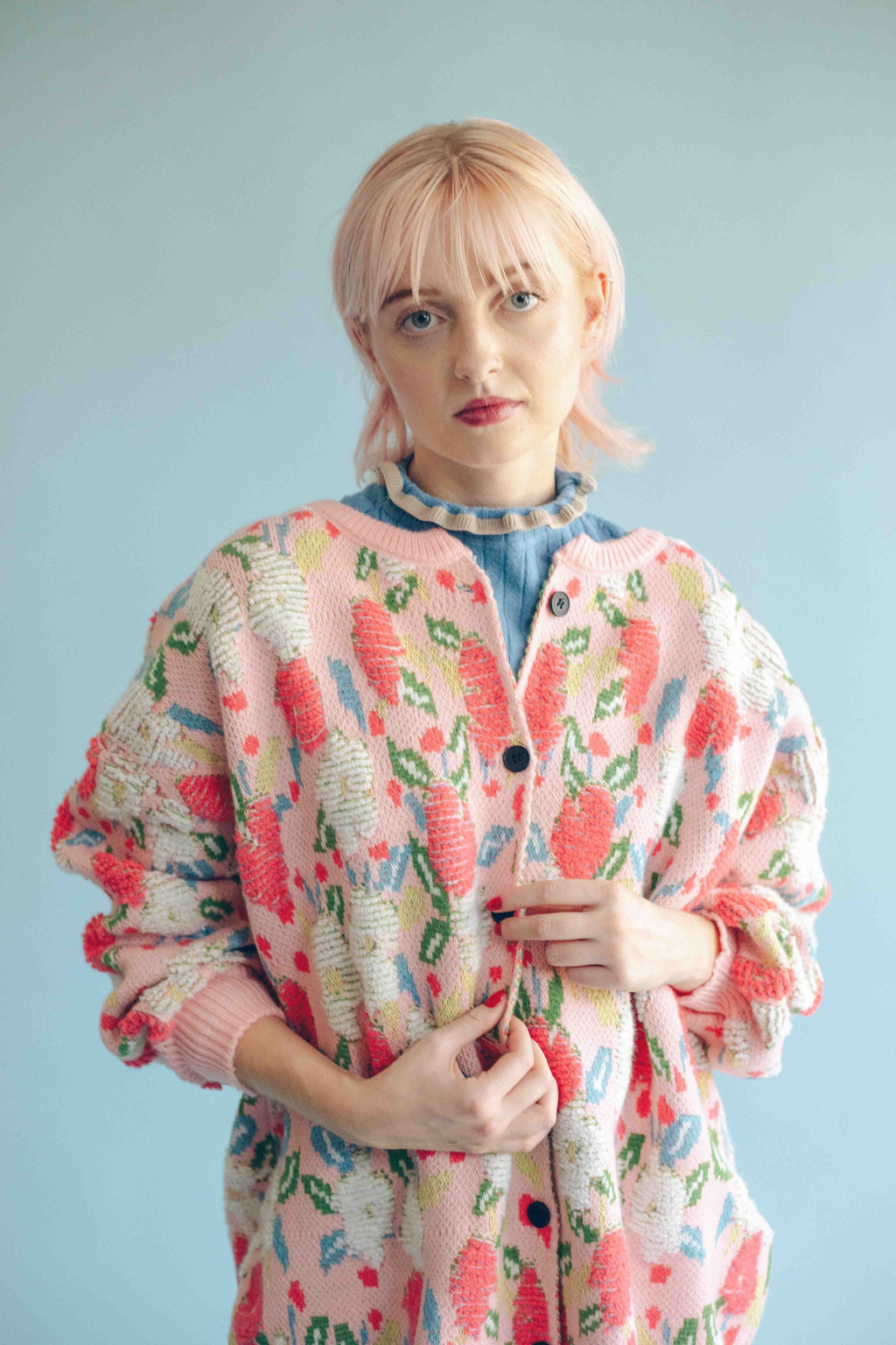 JACQUARD FLORAL CARDIGAN - PINK