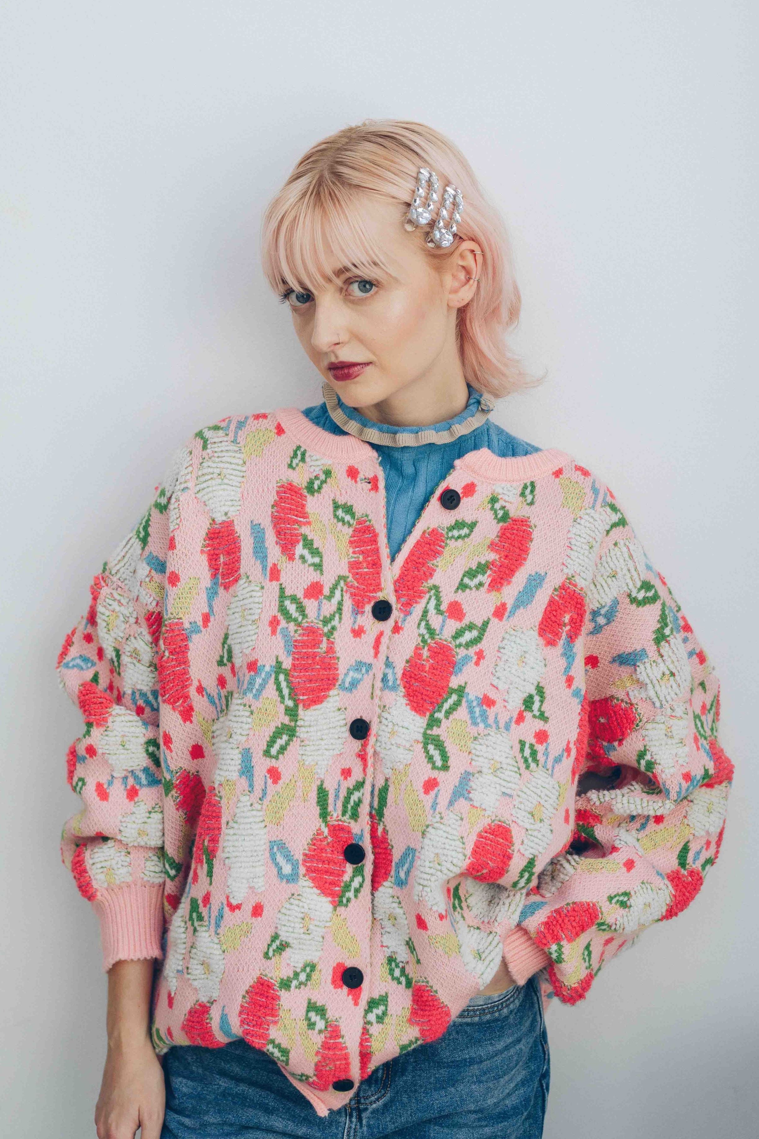 JACQUARD FLORAL CARDIGAN - PINK
