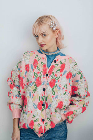 JACQUARD FLORAL CARDIGAN - PINK