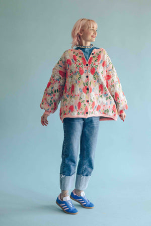 JACQUARD FLORAL CARDIGAN - PINK