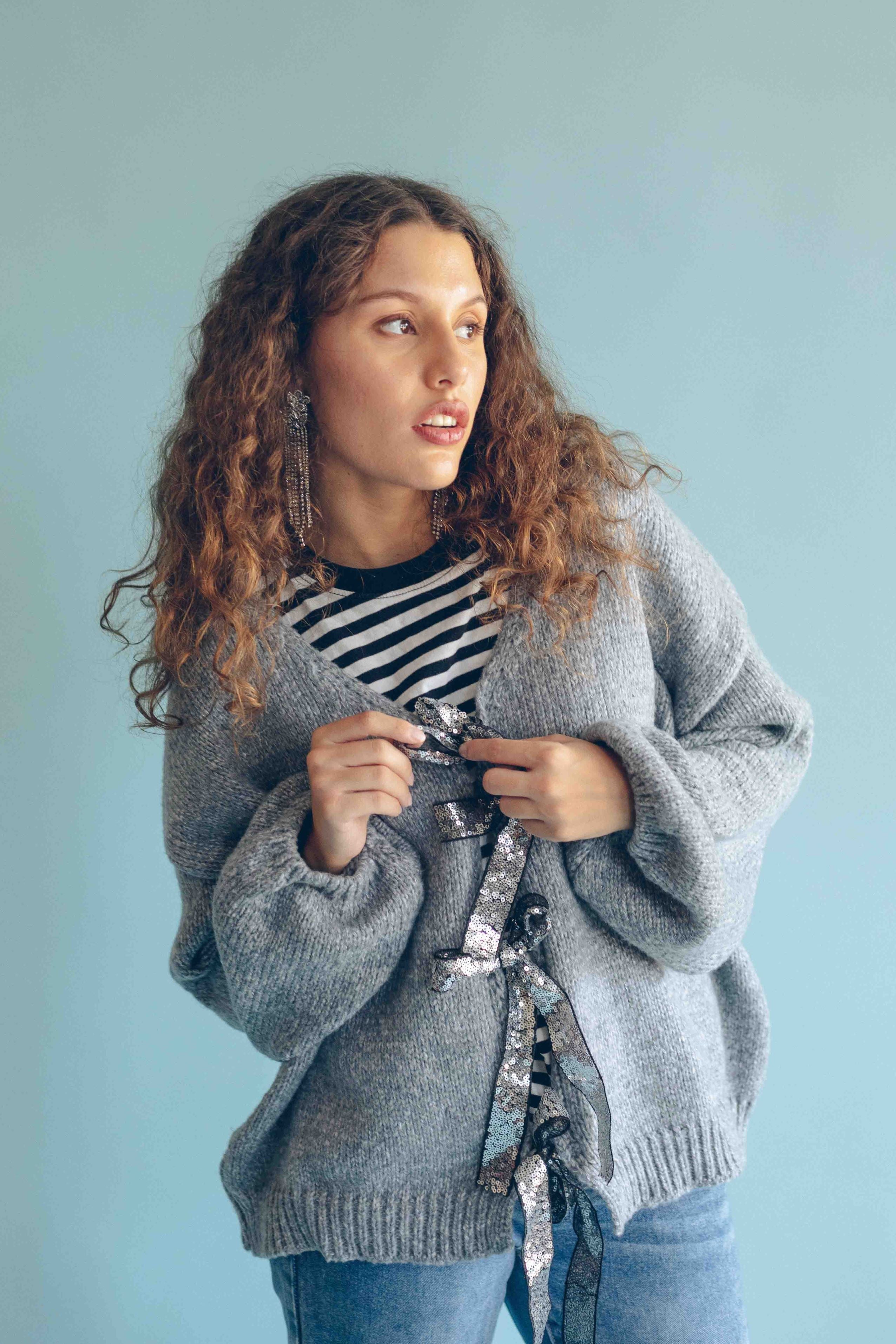 TIE FRONT CARDIGAN - GREY