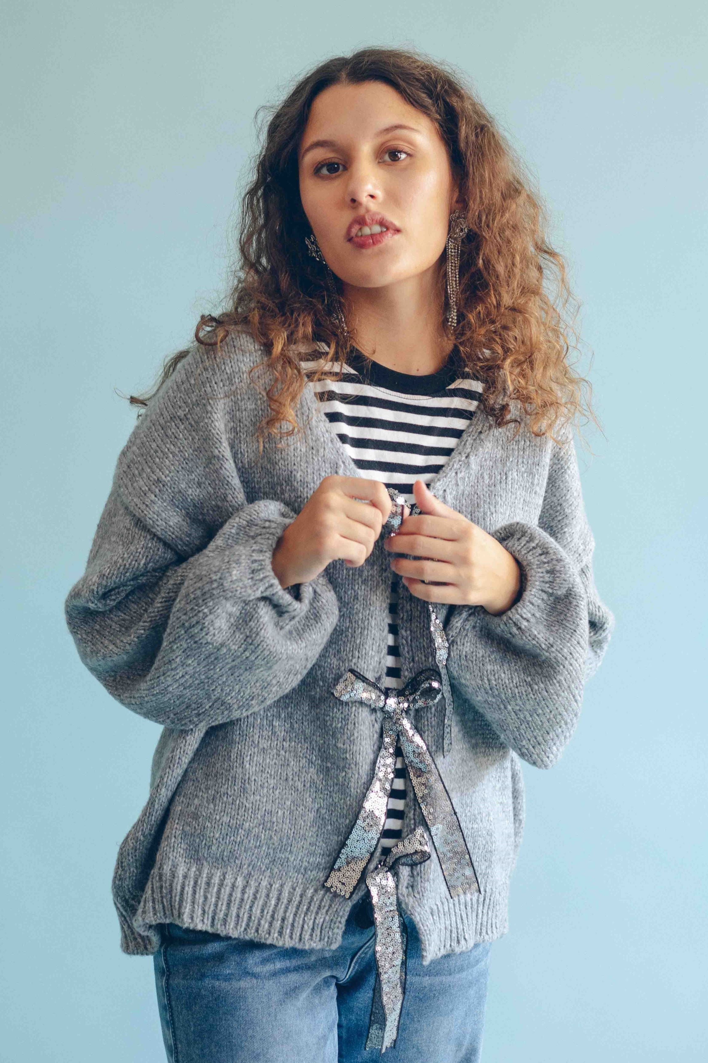 TIE FRONT CARDIGAN - GREY