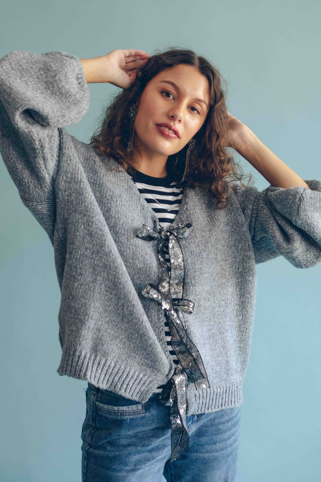 TIE FRONT CARDIGAN - GREY