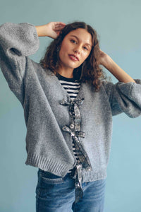 TIE FRONT CARDIGAN - GREY