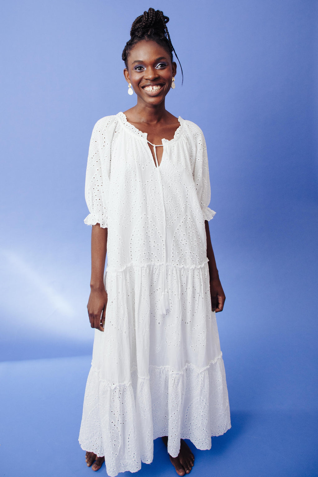 COTTON ANGLAISE TIERED DRESS WITH TASSEL