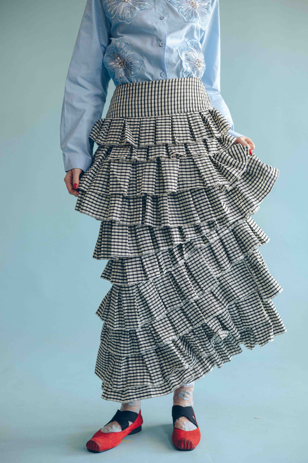 RUFFLED GINHAM MAXI SKIRT