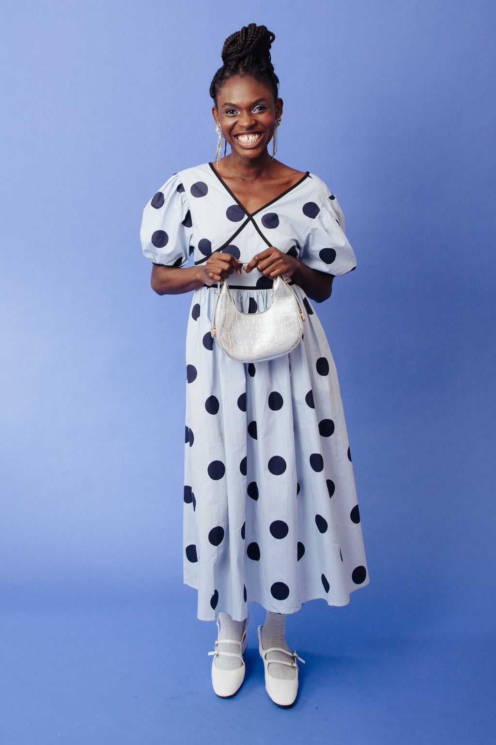 POPLIN POLKA DOT MIDI DRESS - BLUE
