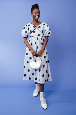 POPLIN POLKA DOT MIDI DRESS - BLUE