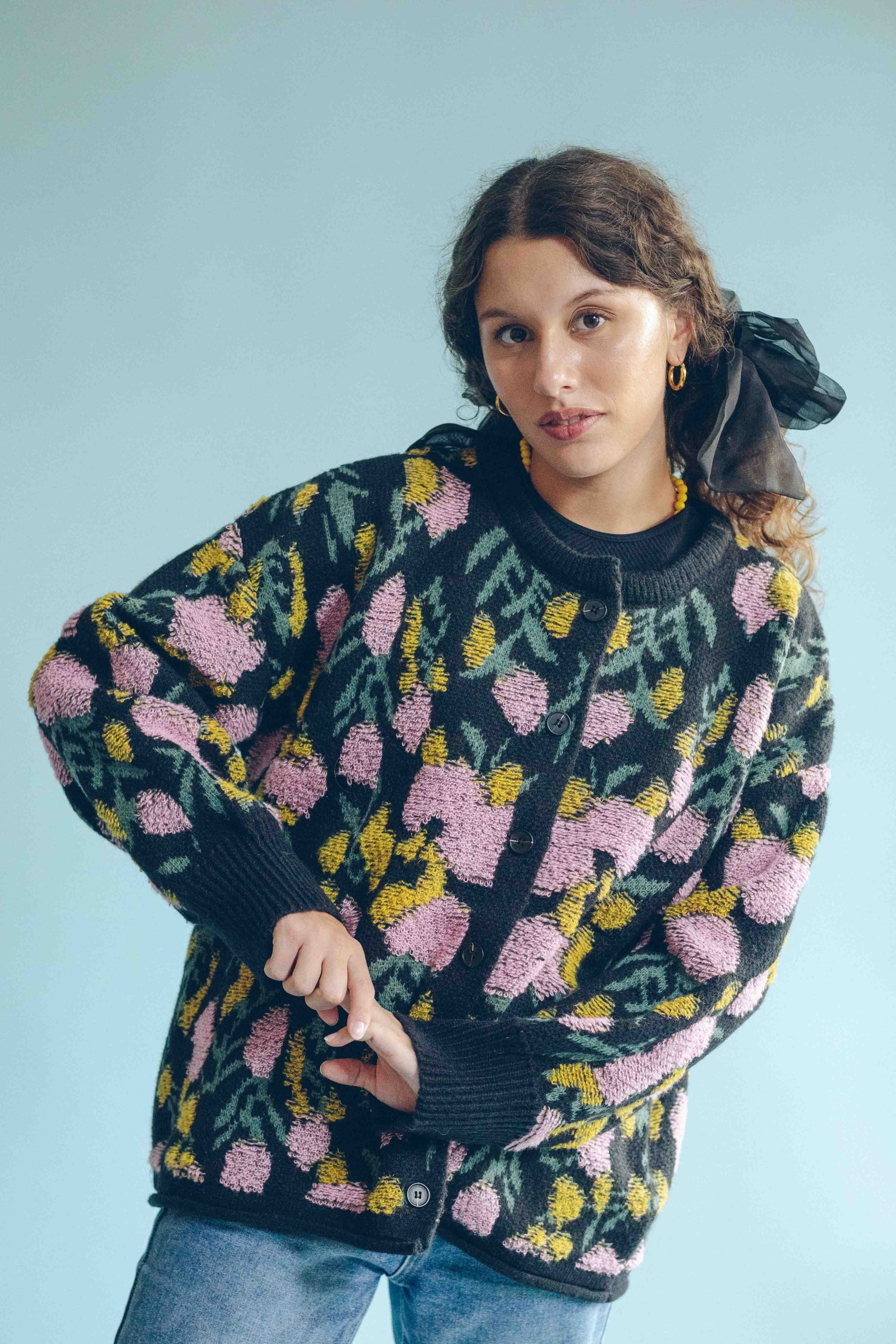JACQUARD FLORAL CARDIGAN - BLACK