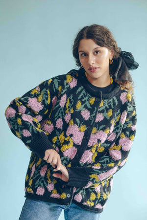 JACQUARD FLORAL CARDIGAN - BLACK
