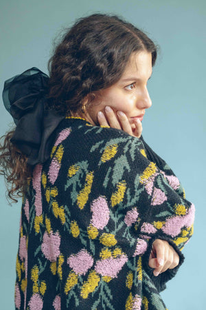 JACQUARD FLORAL CARDIGAN - BLACK