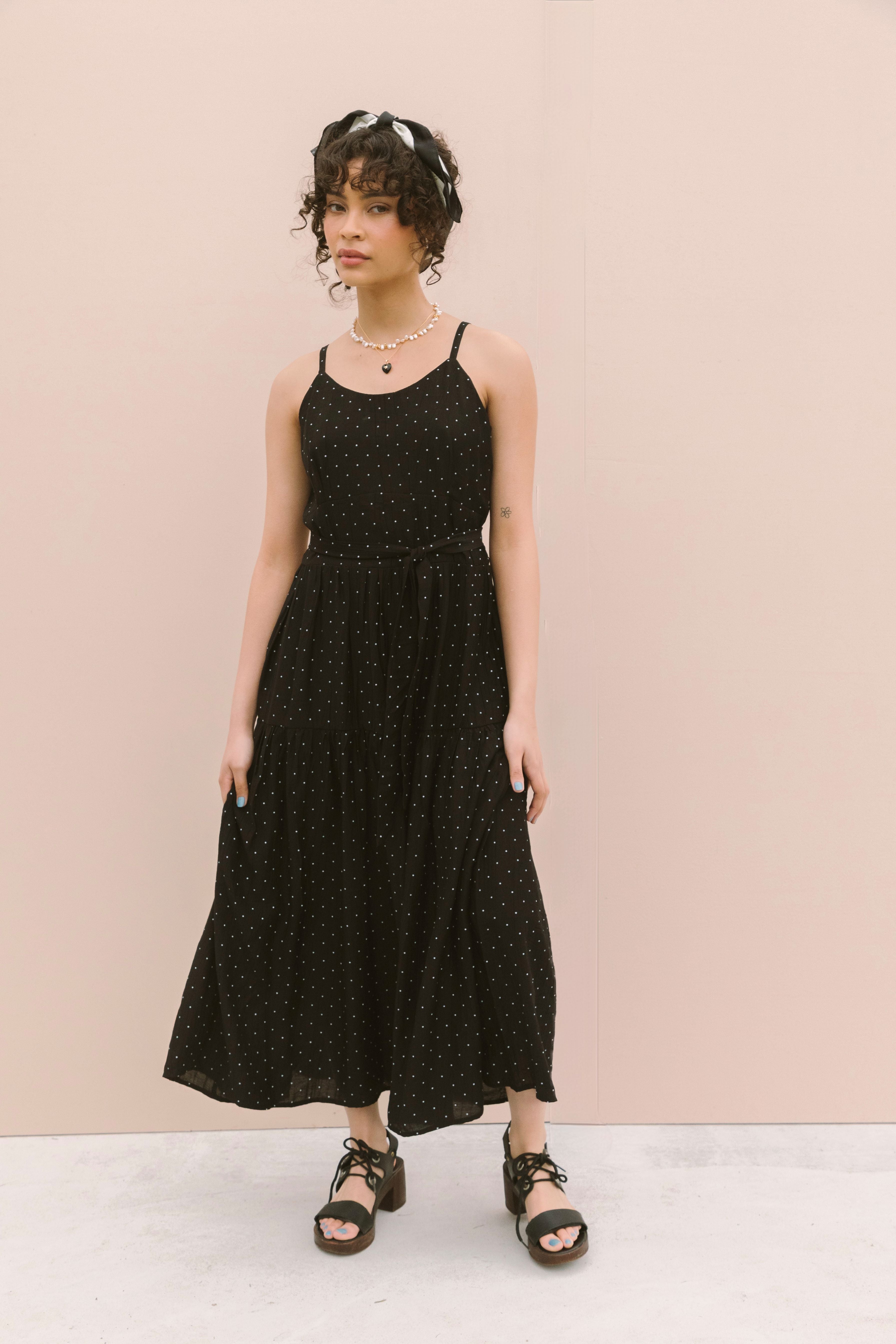 STRAPPY POLKADOT MIDI DRESS - BLACK
