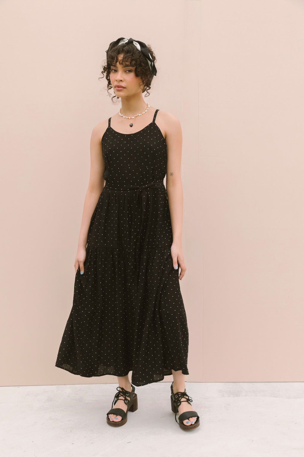 STRAPPY POLKADOT MIDI DRESS - BLACK