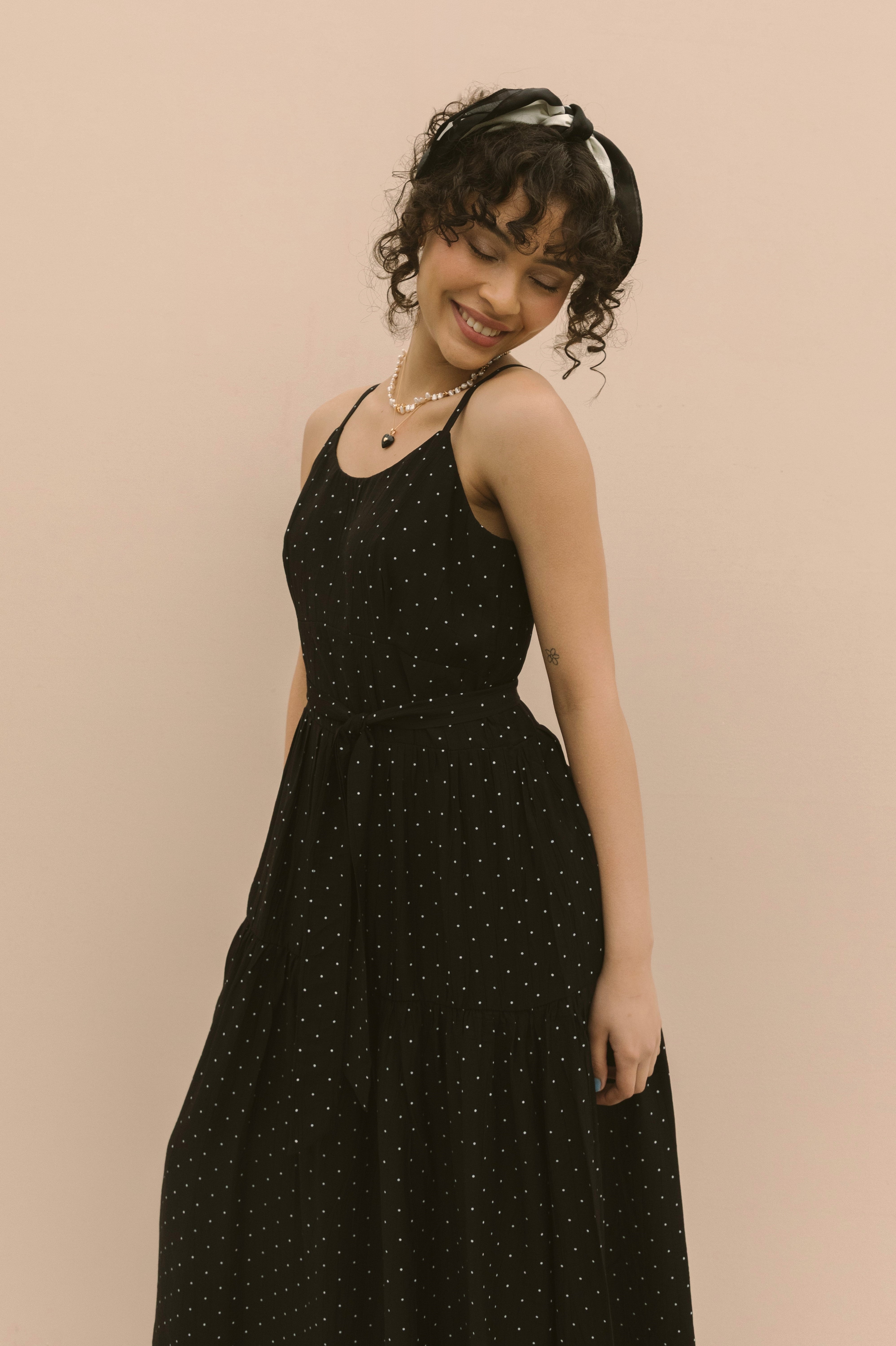 STRAPPY POLKADOT MIDI DRESS - BLACK