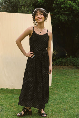 STRAPPY POLKADOT MIDI DRESS - BLACK
