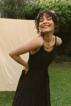 STRAPPY POLKADOT MIDI DRESS - BLACK