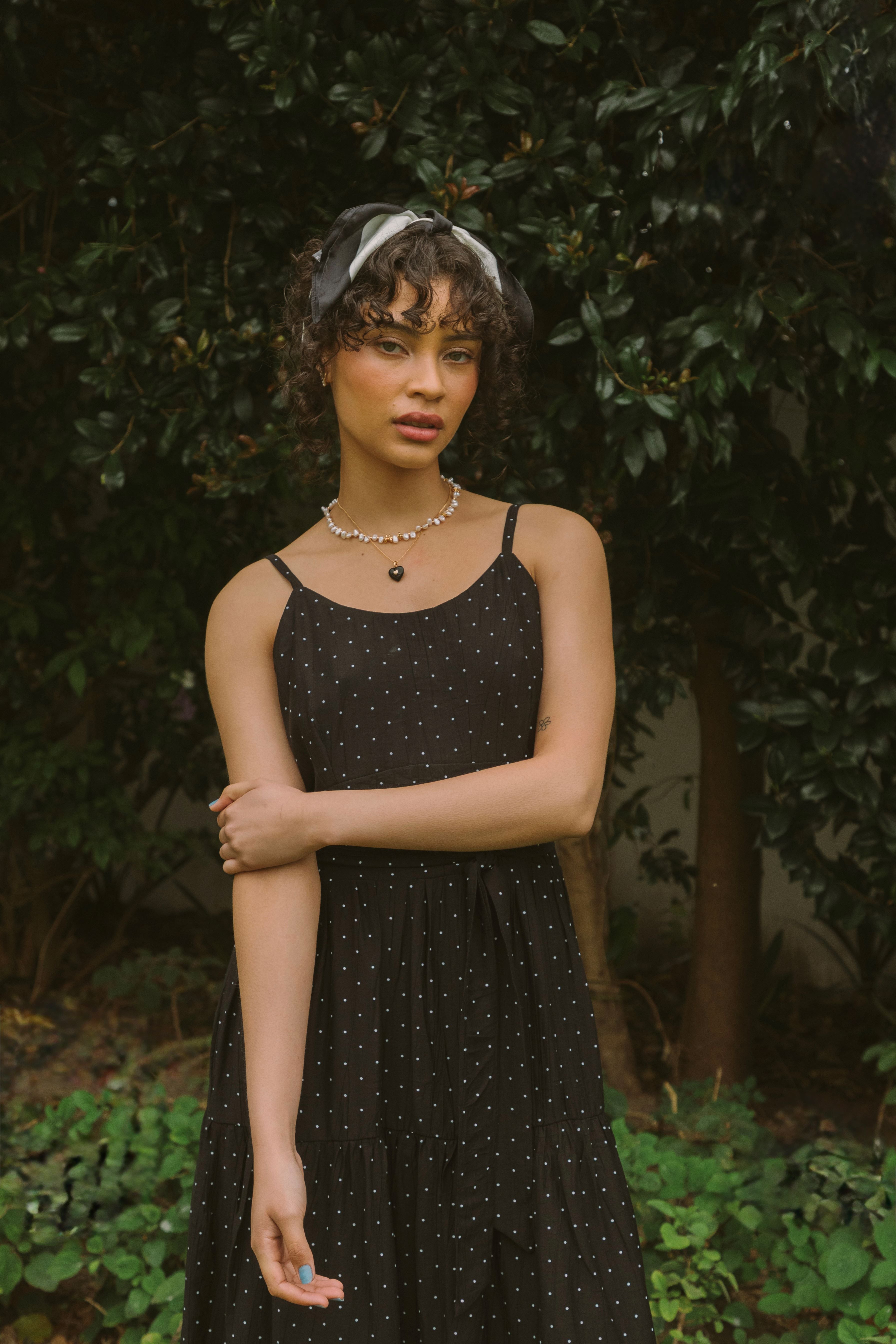STRAPPY POLKADOT MIDI DRESS - BLACK