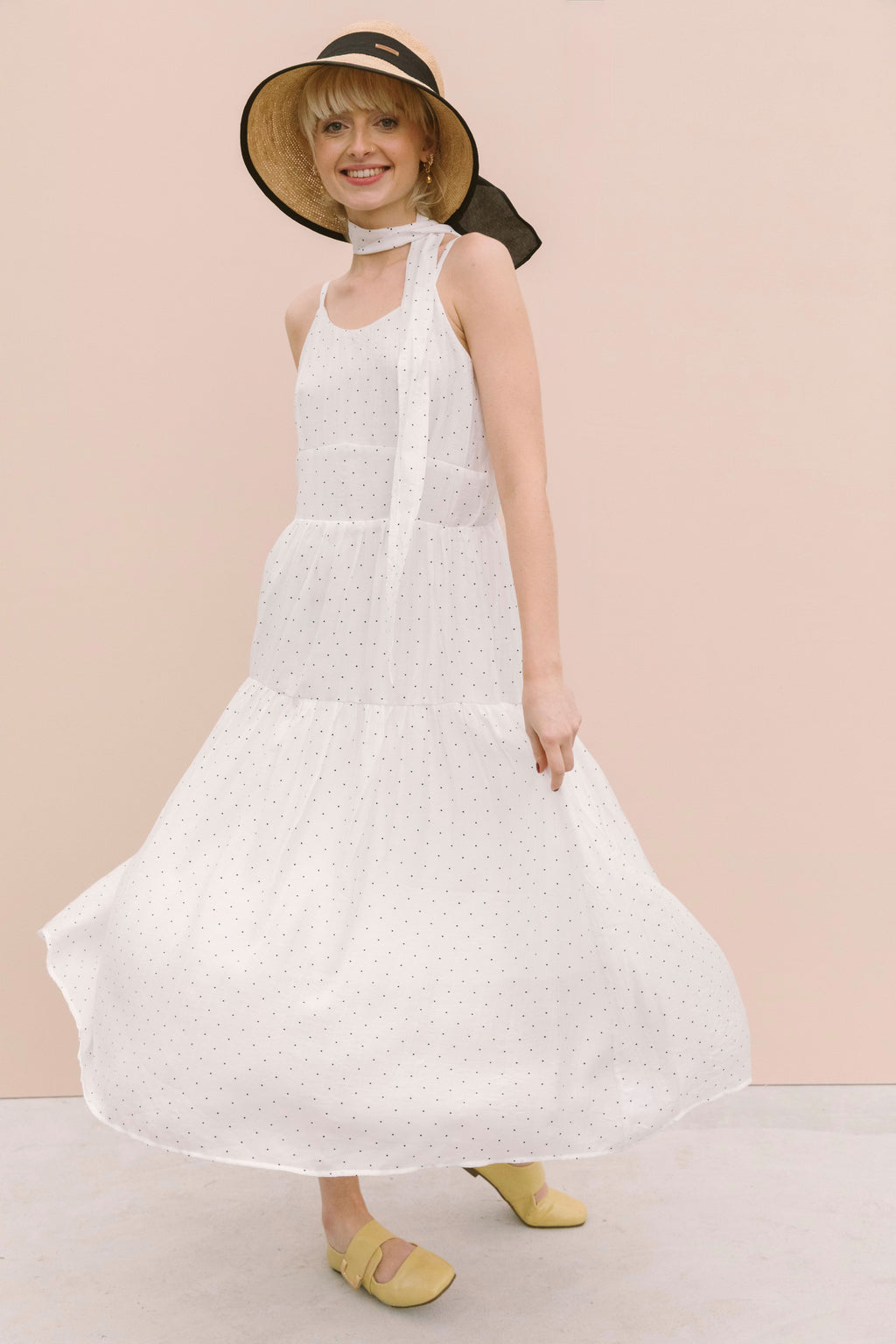 STRAPPY POLKADOT MIDI DRESS - WHITE