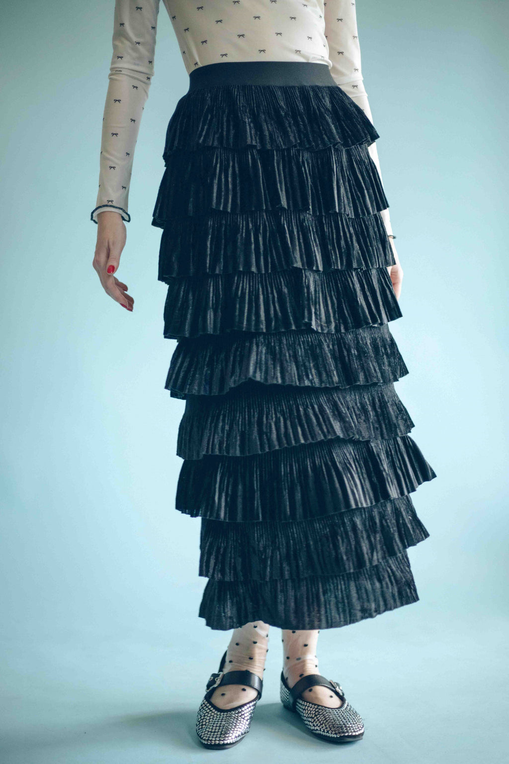 LUXE VELVET RUFFLE SKIRT - BLACK
