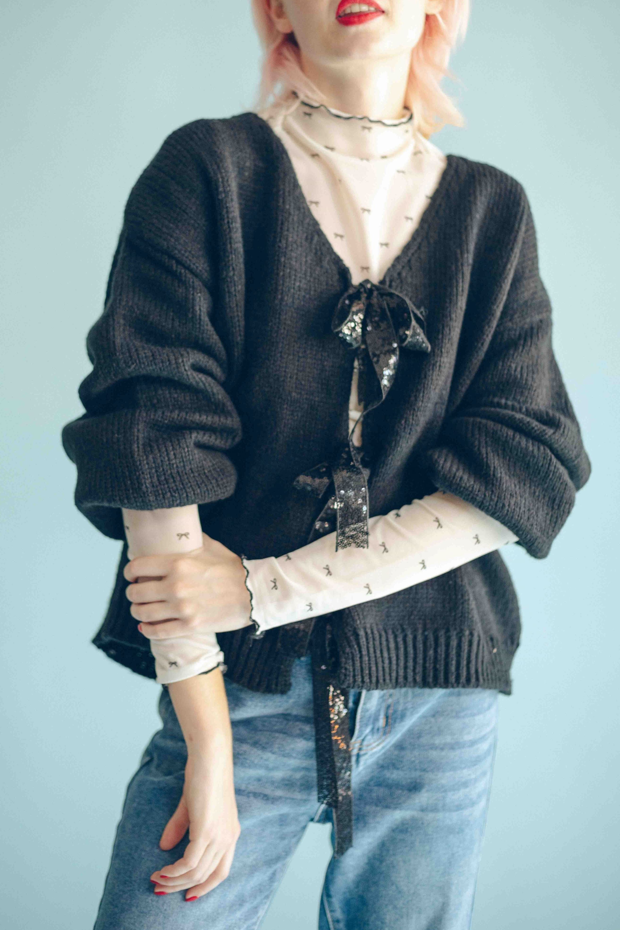 TIE FRONT CARDIGAN - BLACK