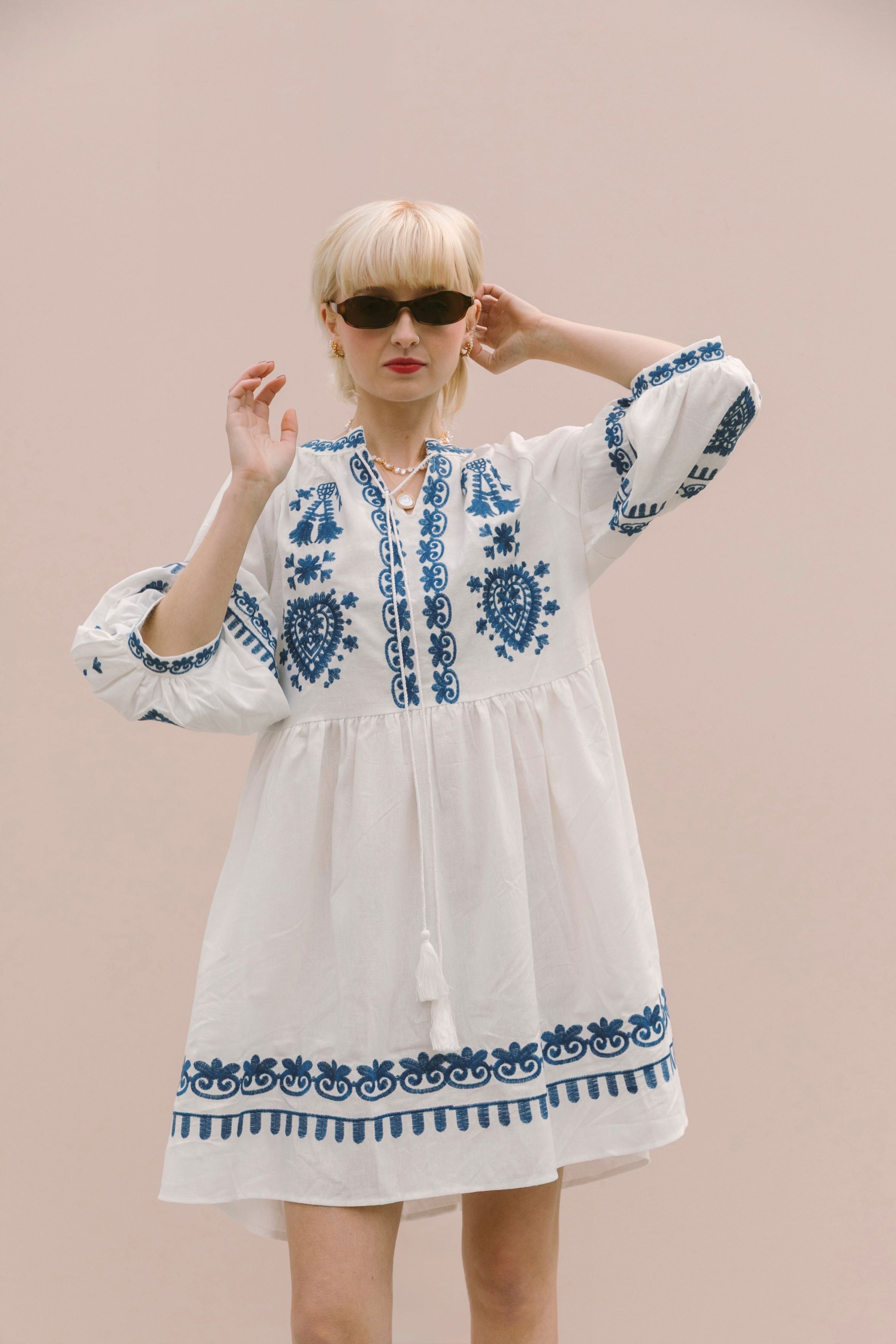 EMBROIDERED MINI DRESS - WHITE/BLUE barethreads EMBROIDERED MINI DRESS - WHITE/BLUE barethreads