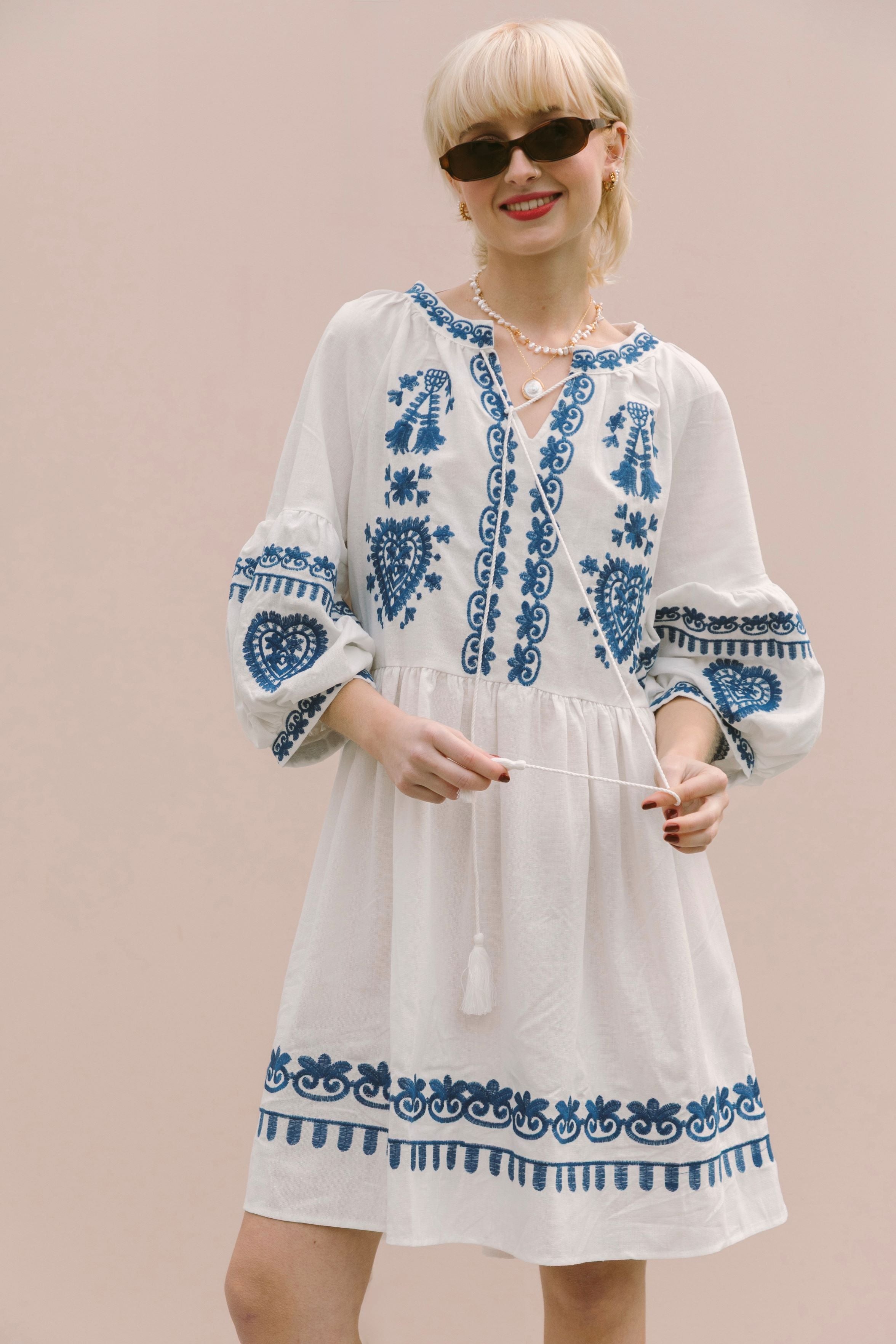 EMBROIDERED MINI DRESS - WHITE/BLUE barethreads EMBROIDERED MINI DRESS - WHITE/BLUE barethreads