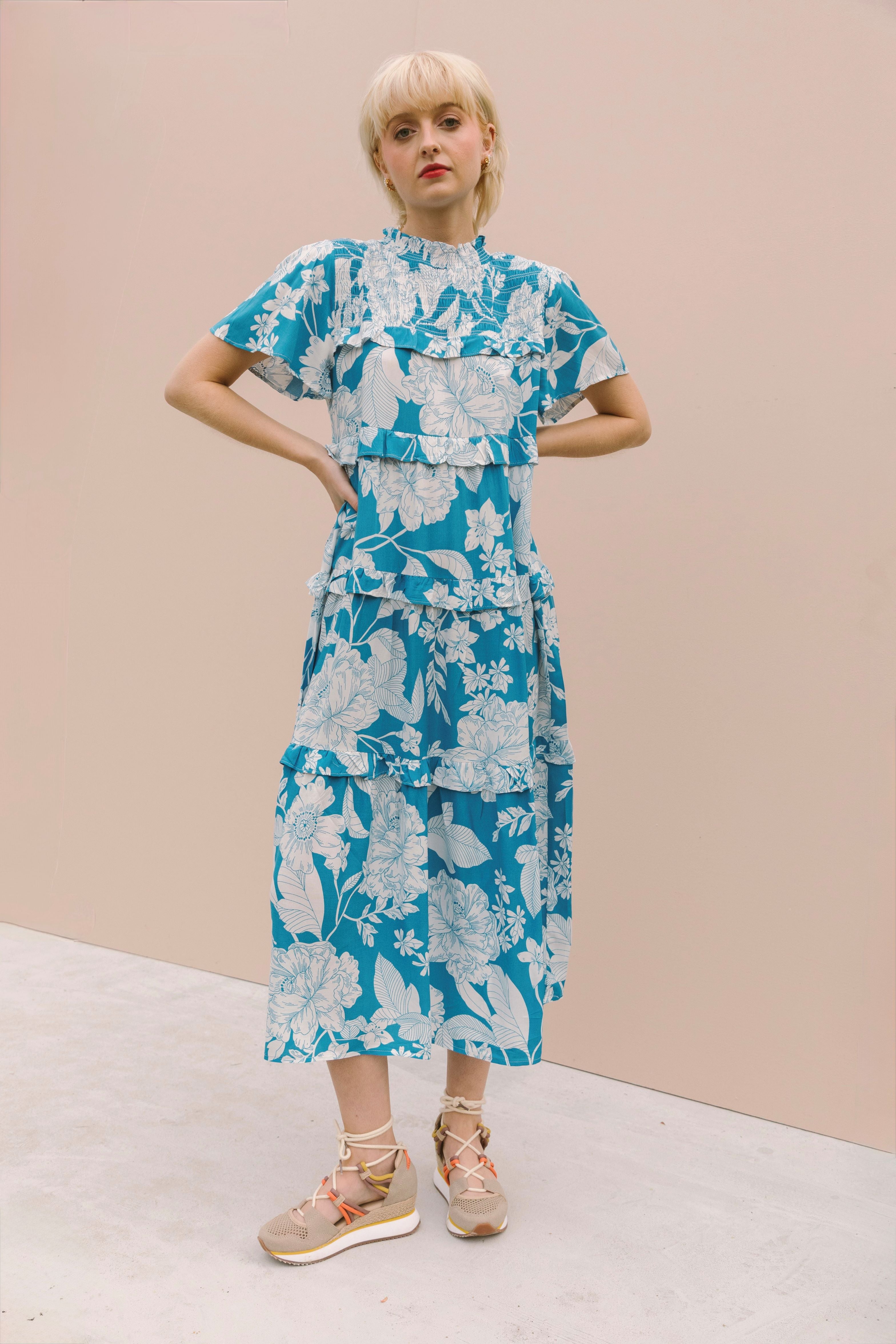 SMOCKED MIDI DRESS - BLUE FLORAL  barethreads
