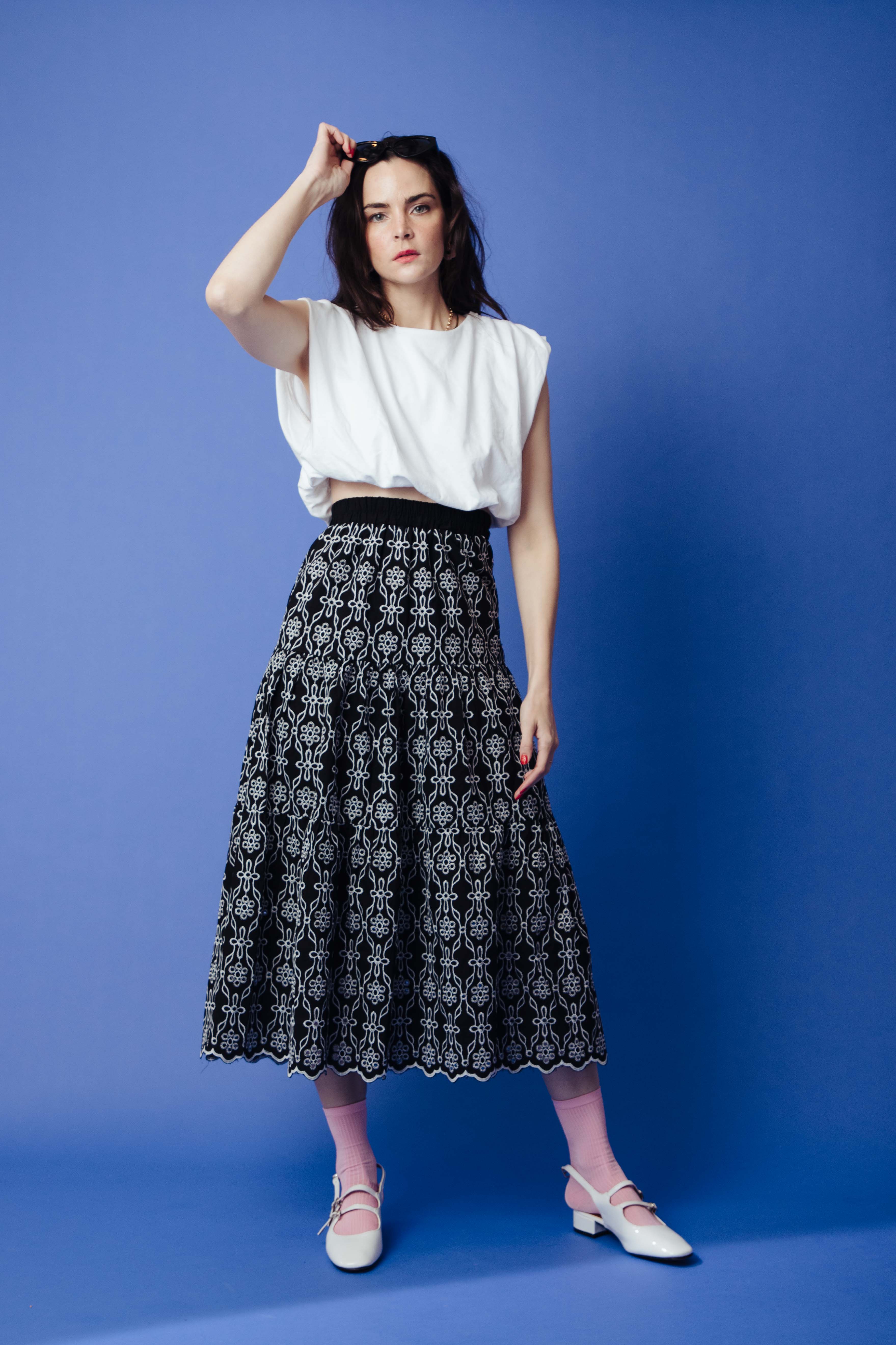 COTTON ANGLAISE MIDI SKIRT