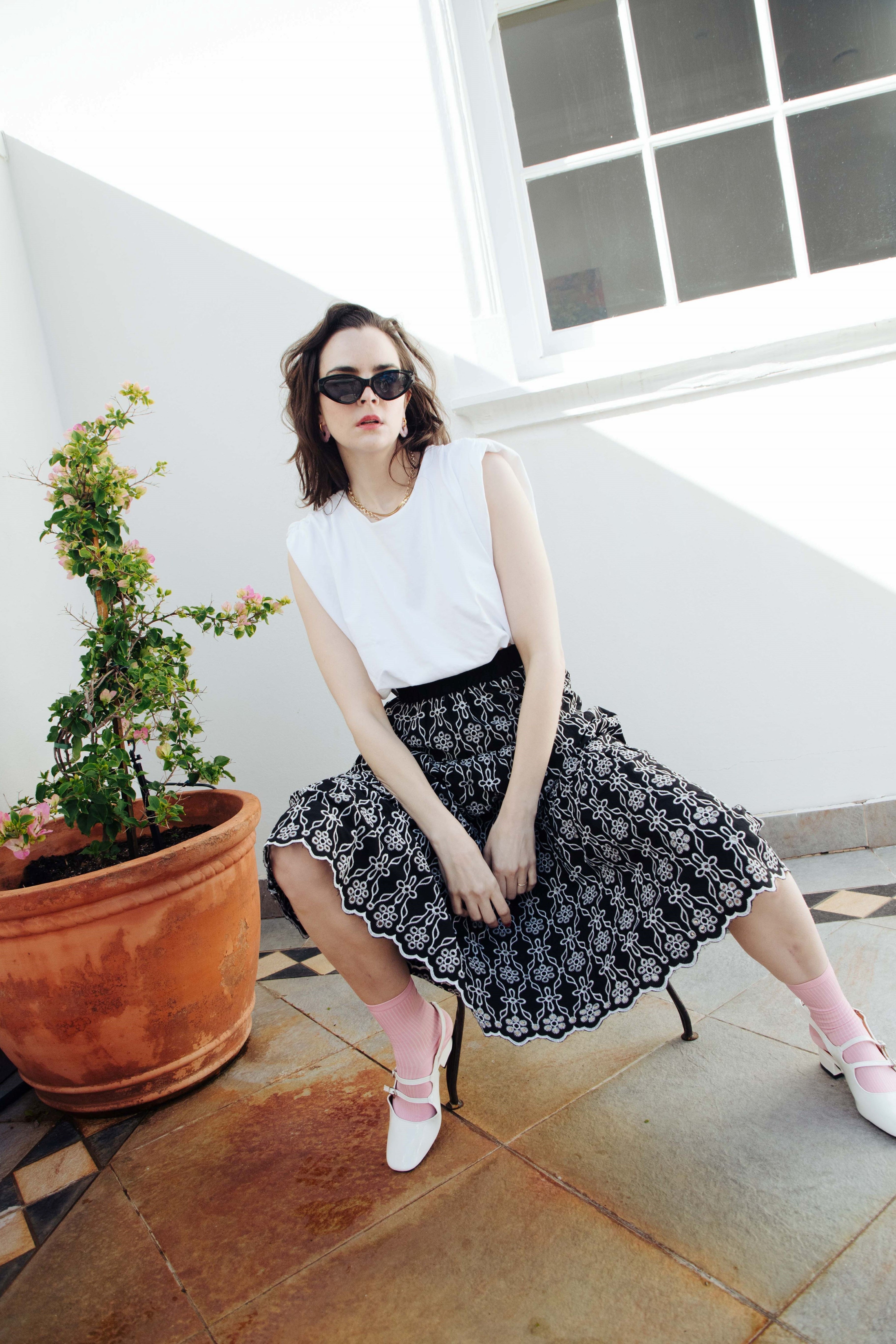 COTTON ANGLAISE MIDI SKIRT