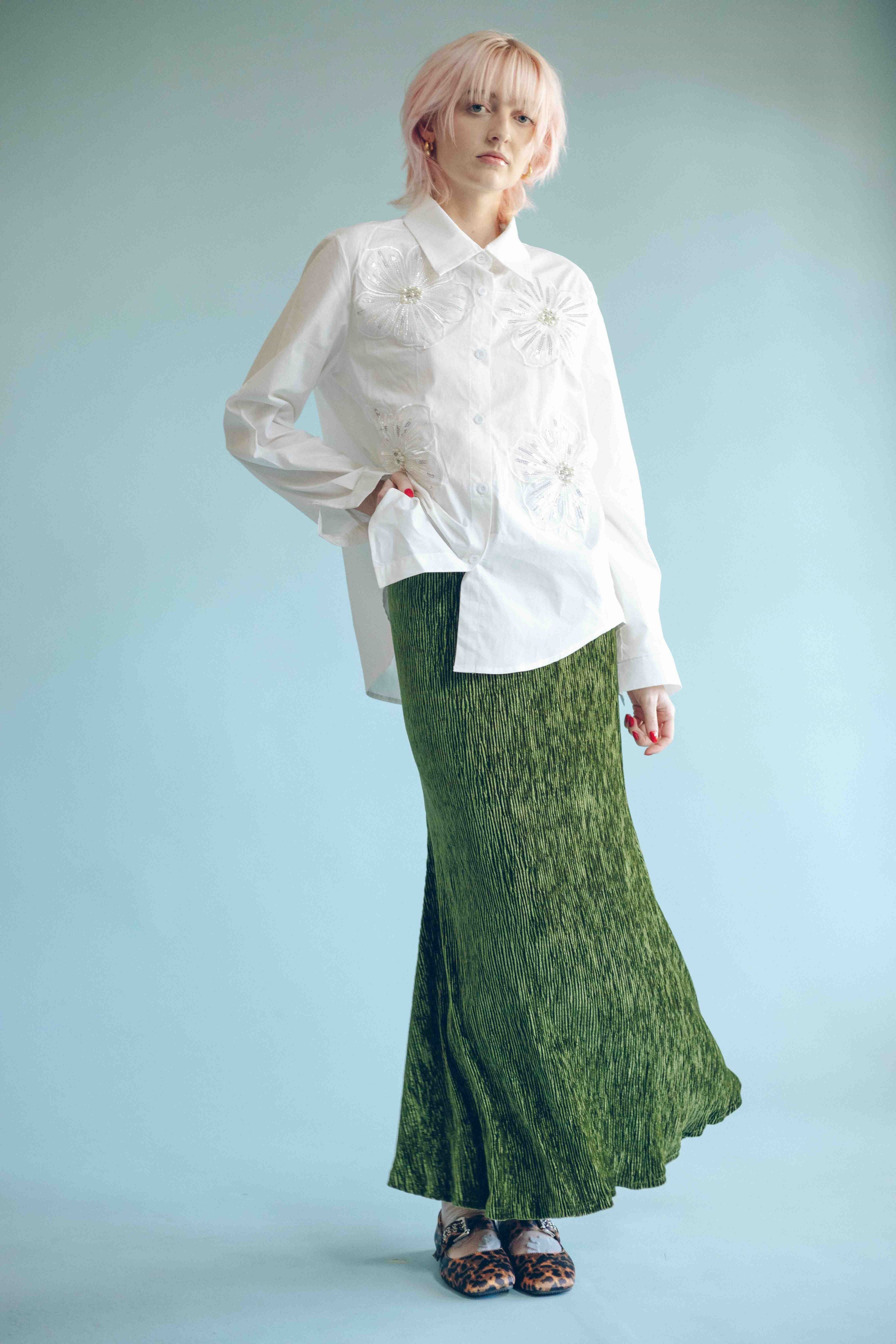 CRUSHED VELVET MAXI SKIRT - OLIVE