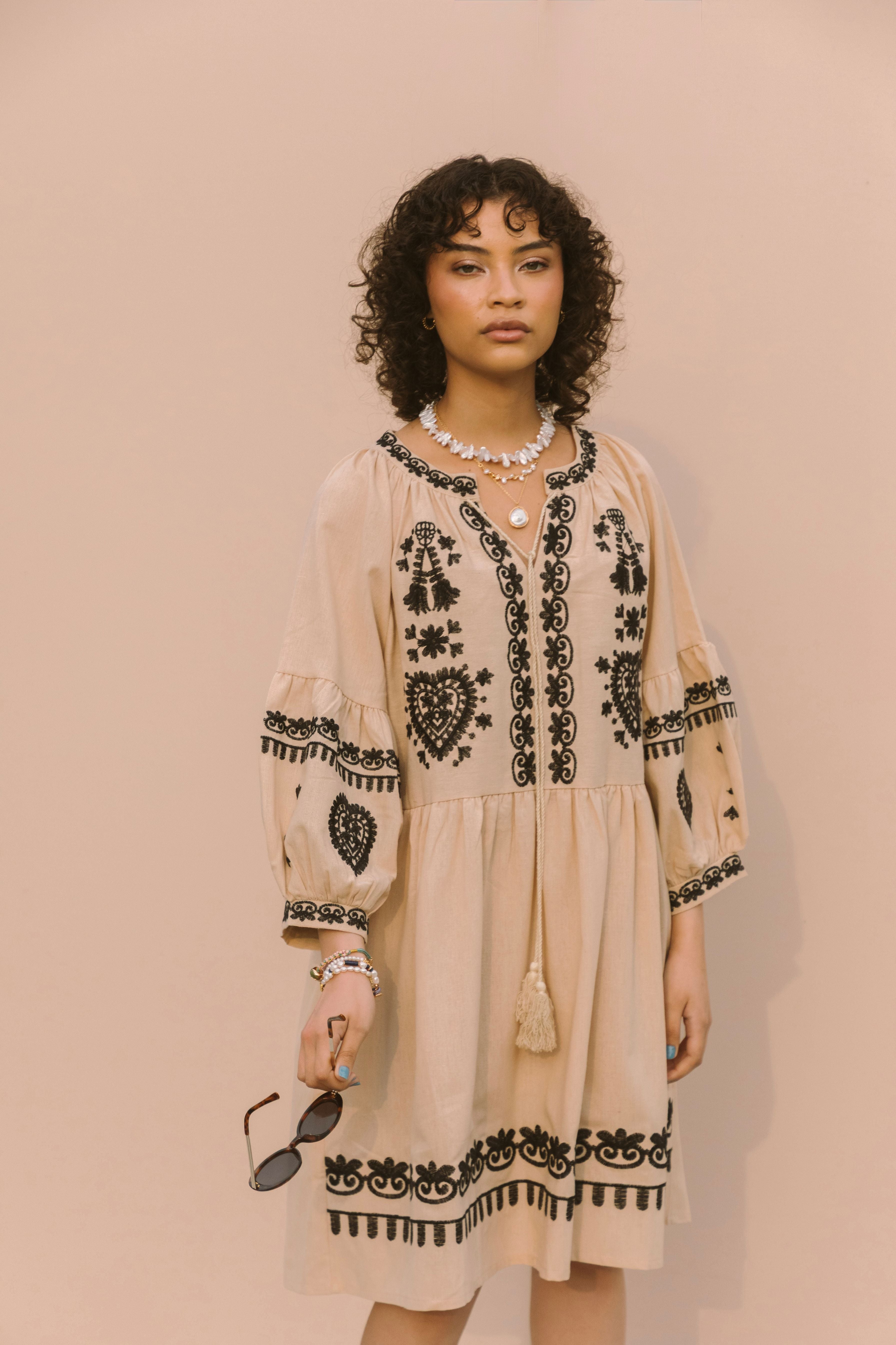 EMBROIDERED MINI DRESS - MUSHROOM