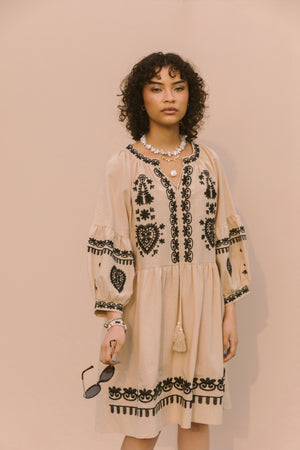 EMBROIDERED MINI DRESS - MUSHROOM