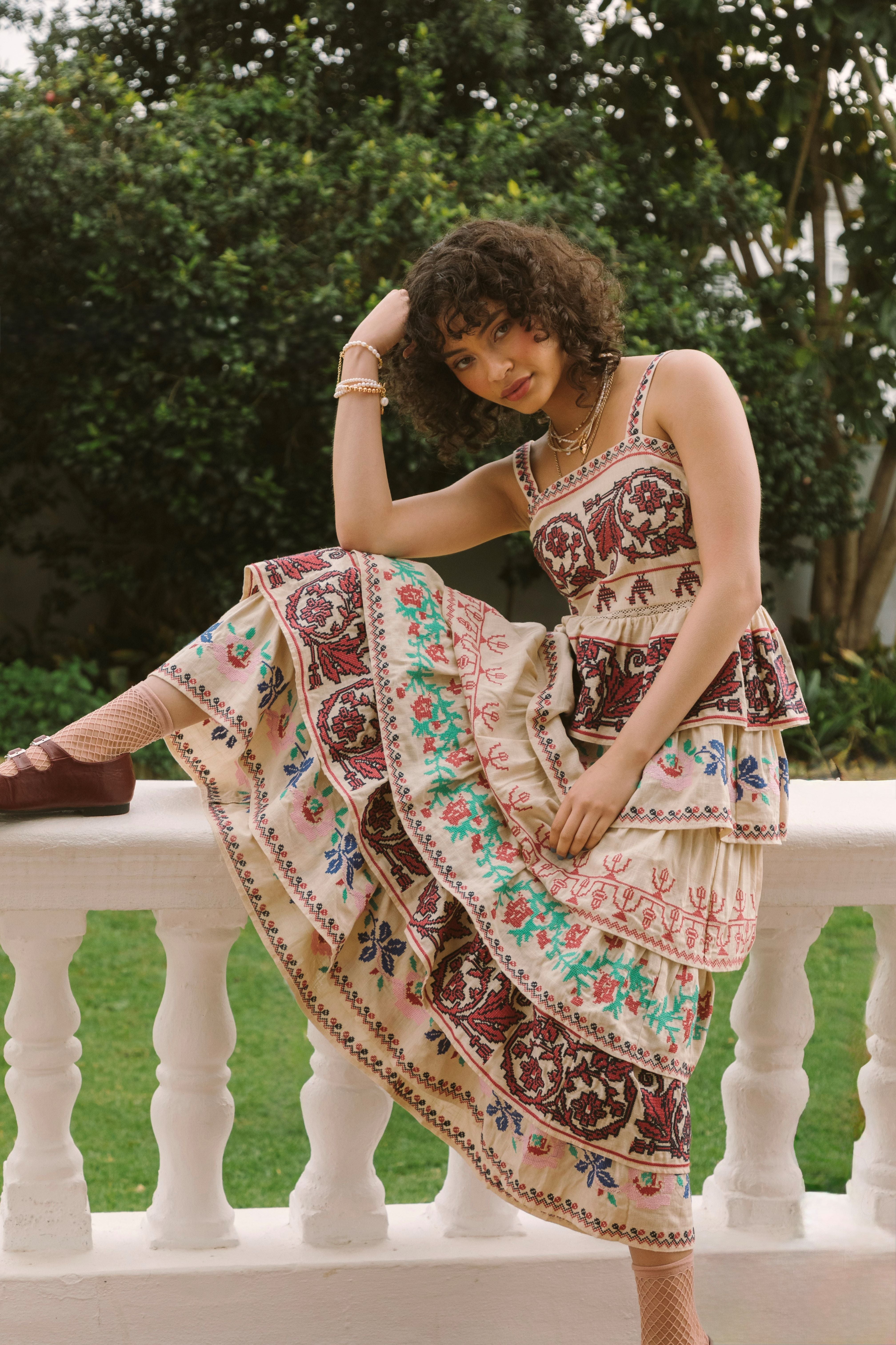 PREMIUM FULLY EMBROIDERED TIERED MAXI DRESS