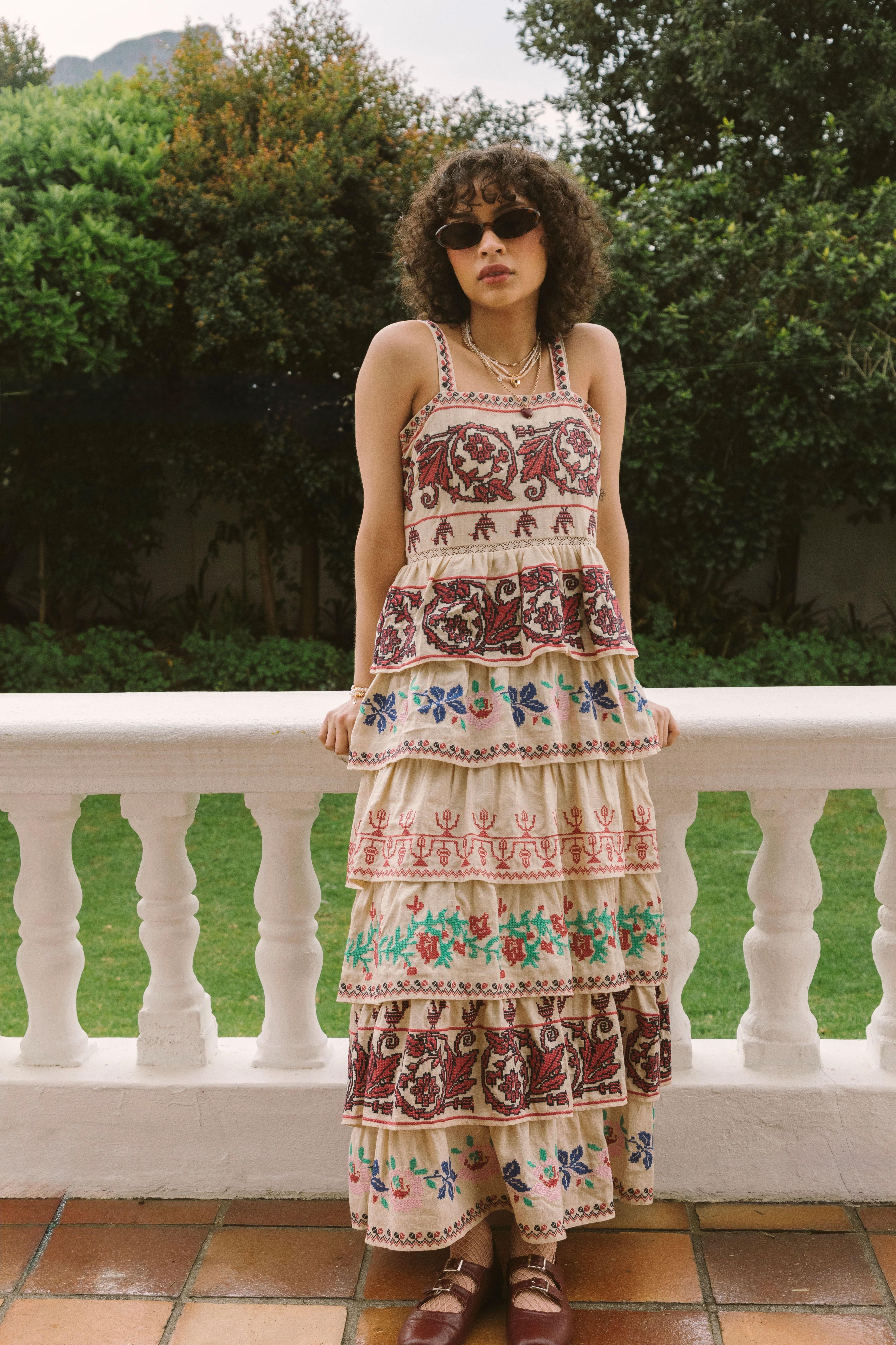 PREMIUM FULLY EMBROIDERED TIERED MAXI DRESS