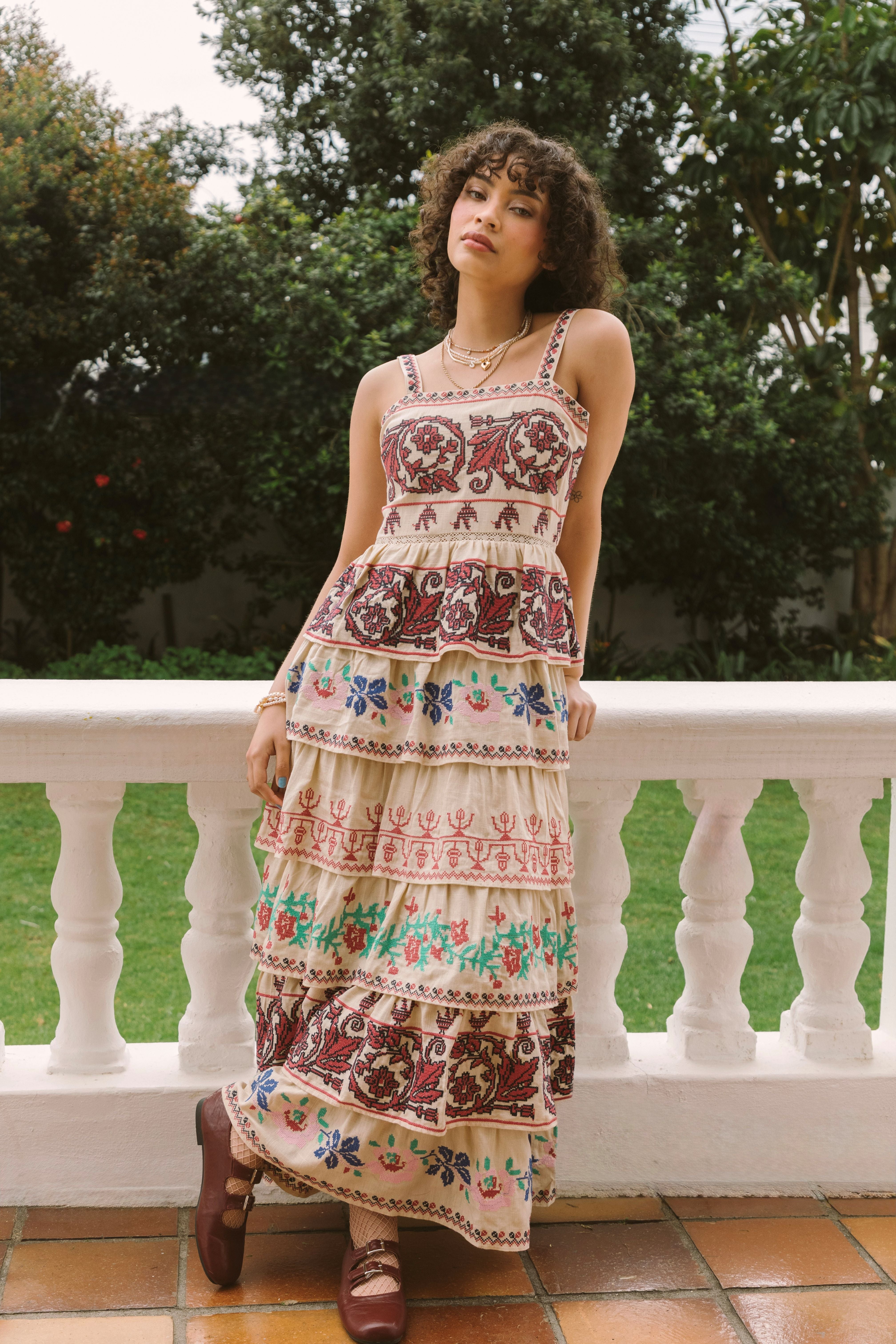 PREMIUM FULLY EMBROIDERED TIERED MAXI DRESS