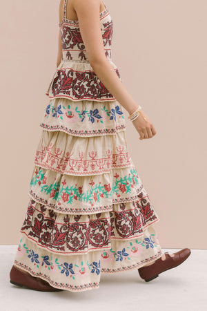 PREMIUM FULLY EMBROIDERED TIERED MAXI DRESS