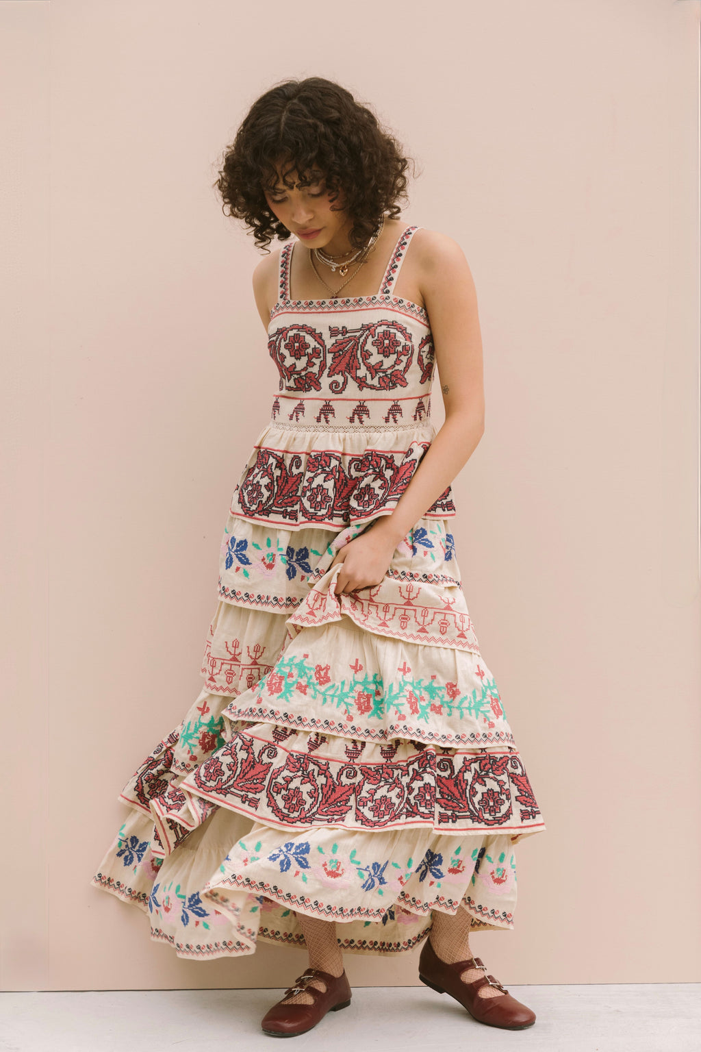 PREMIUM FULLY EMBROIDERED TIERED MAXI DRESS
