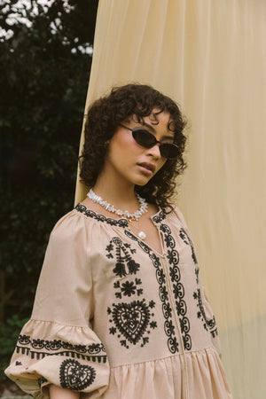 EMBROIDERED MINI DRESS - MUSHROOM