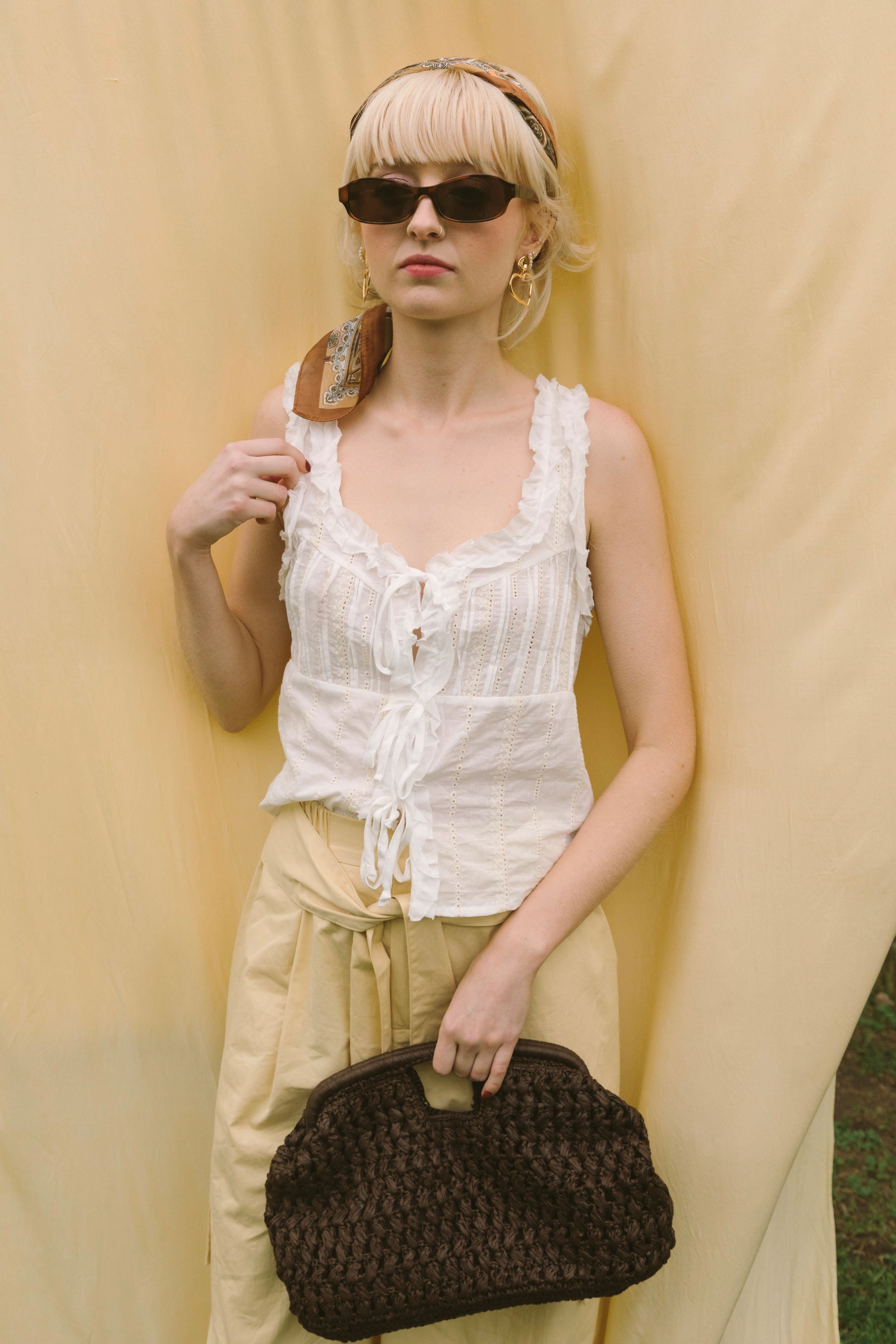 EMBROIDERED COTTON TIE-FRONT TOP